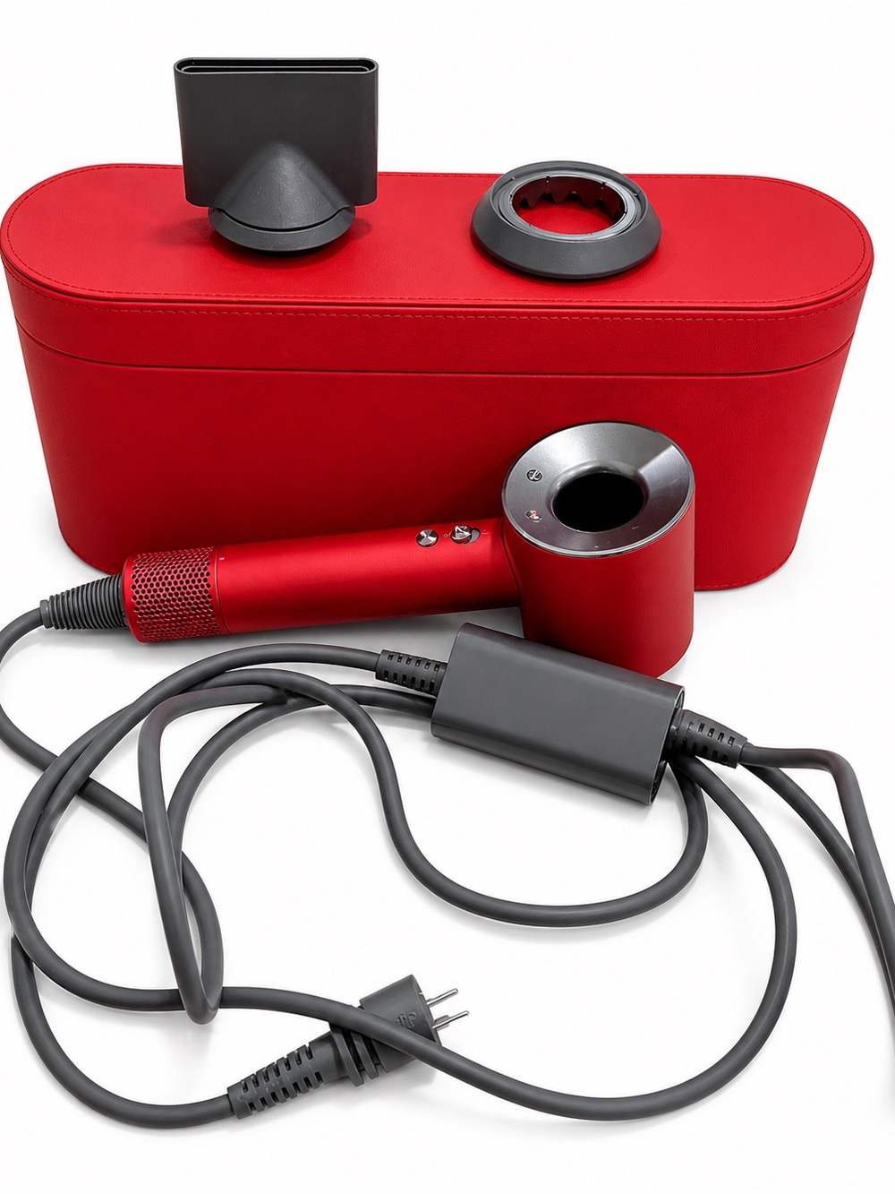 Dyson Red Hair Dryer with Gray Attachments and Case